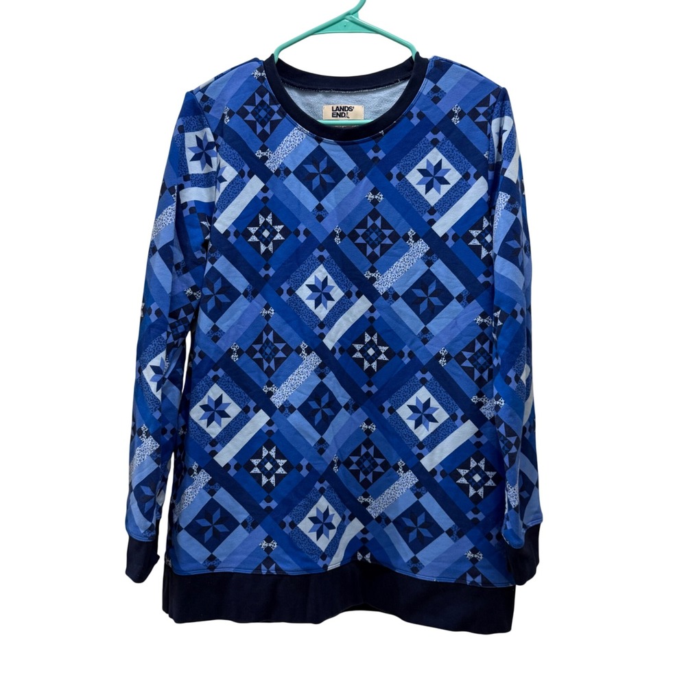 Lands End Serious Sweatshirt Womens Blue Quilt Patchwork‎ Long Sleeve Crewneck M